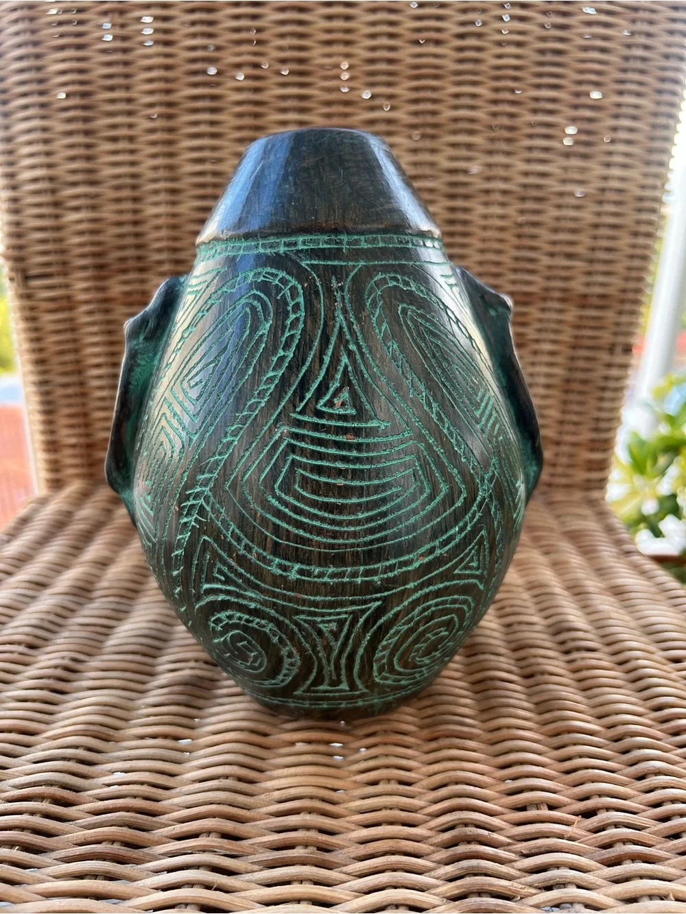Vintage Marajoara Pottery Face Vase Brazil Amazonian Tribal Carved Geometric